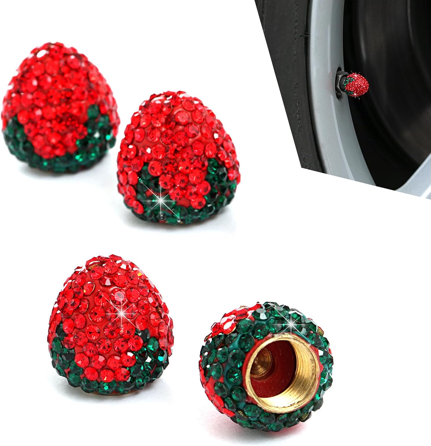 4PCS Strawberry Car Tire Valve Stem Caps, Cute Bling Rhinestone Tire Valve Caps, Dustproof Wheel Valve Covers for Women, Universal Car Accessories for Car, Truck, SUV, Motorcycle (Red)