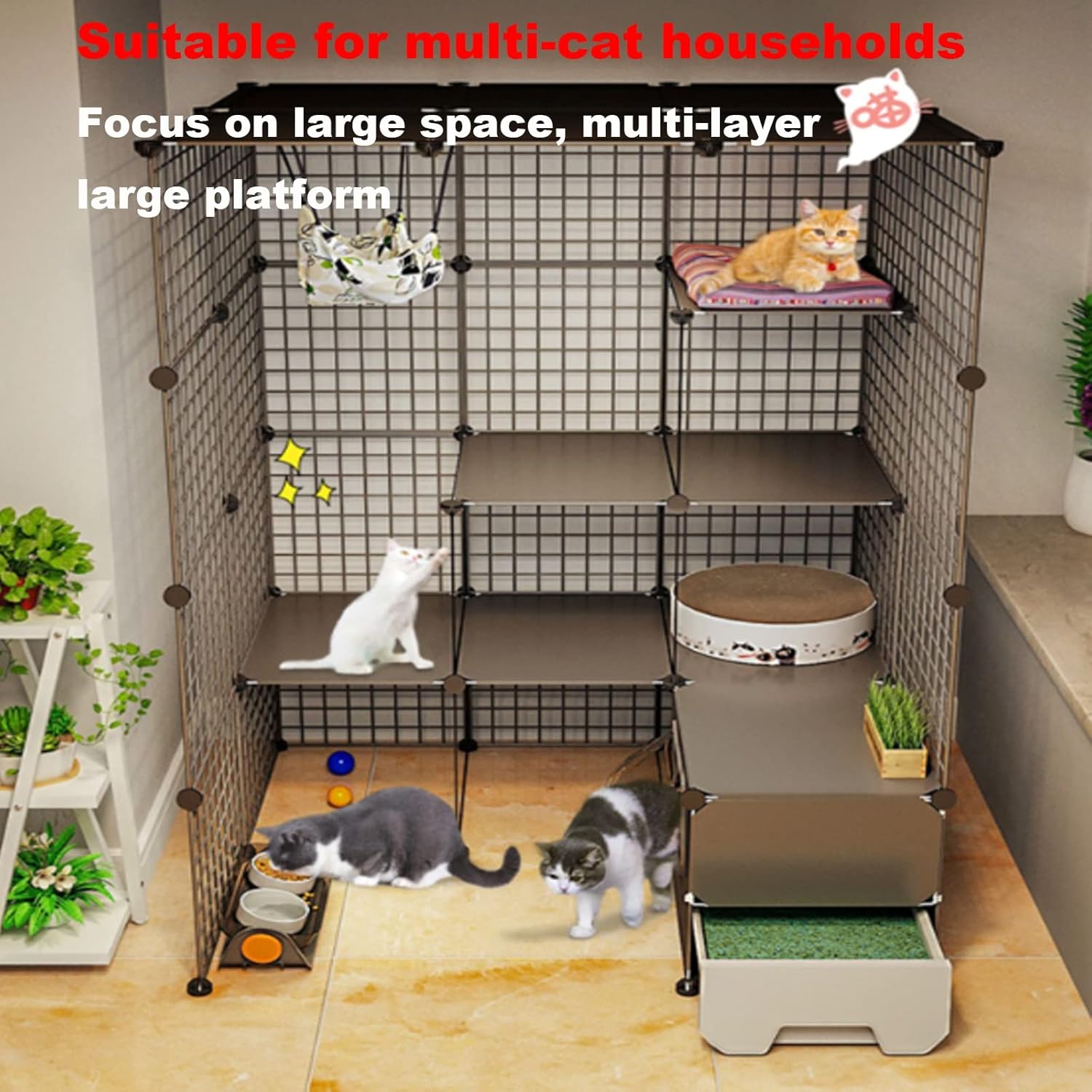 Multi-Story Cat House with Drawer Toilet Cat Cages Indoor Large Pet Crate Detachable Extra Large Cat Playpen Cat Enclosures DIY Kennels Crate, Large Space (C 75 * 95 * 145Cm)