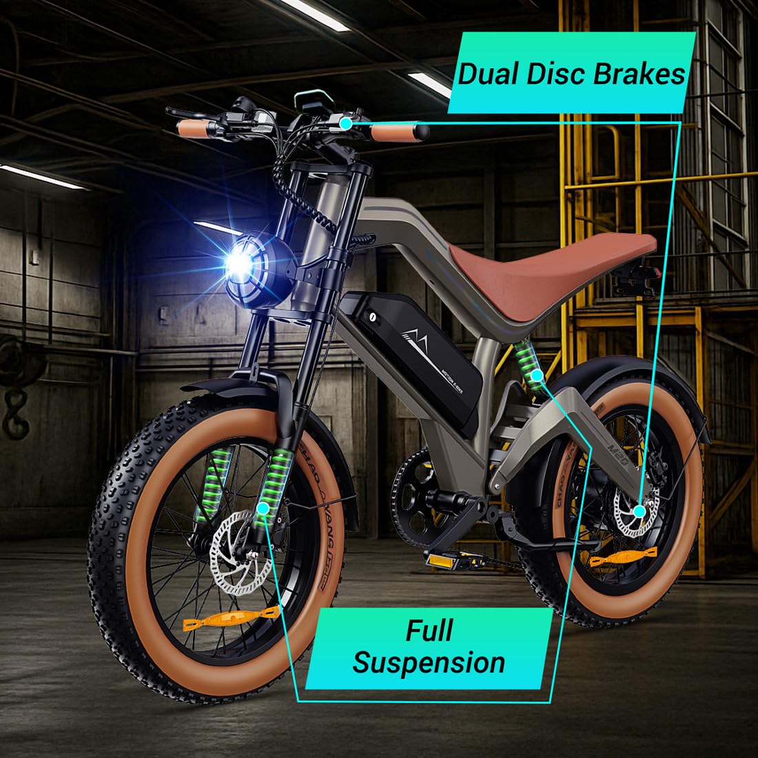M20 è una bicicletta elettrica per adulti con pneumatici larghi da 20",batteria da 48 V 18,2 Ah,velocità massima di 25 km/h e autonomia massima fino a 160 km con pedalata assistita.