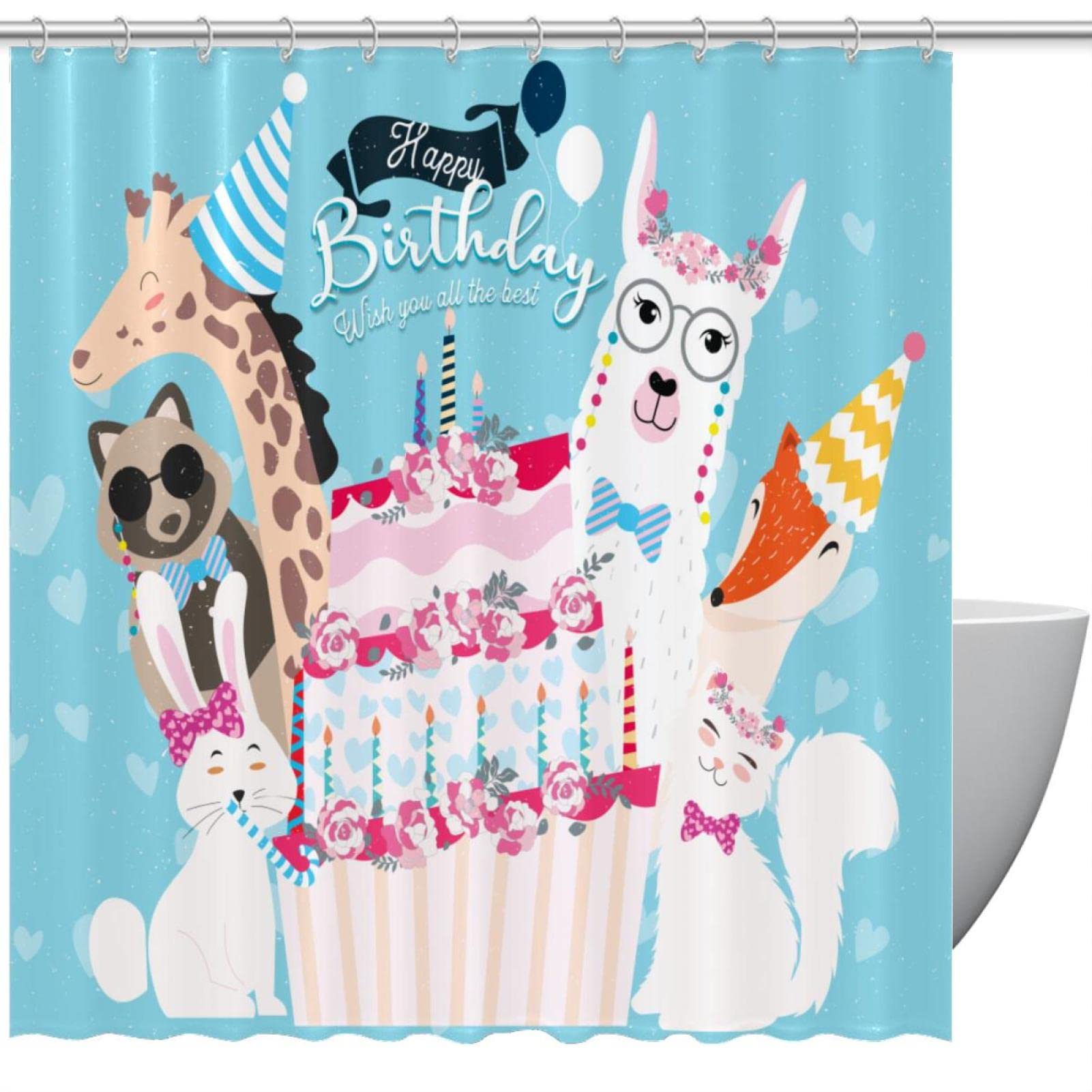 Rideau de douche en tissu imperméable motif animaux d'automne et joyeux anniversaire coloré