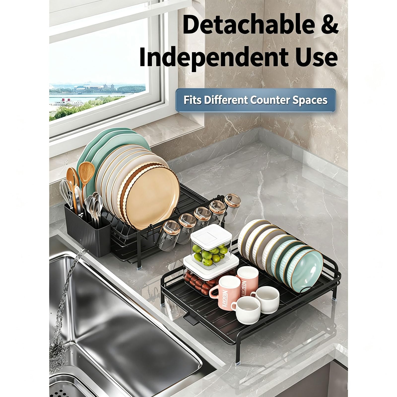 Escurreplatos Extensible 41-76cm,Escurridor Platos | Grande,en Acero al Carbono,Con Bandeja Recogegotas,Portacubiertos,Portavasos,Boquilla Extensible y Giratoria 360° Organizador Cocina Fregadero