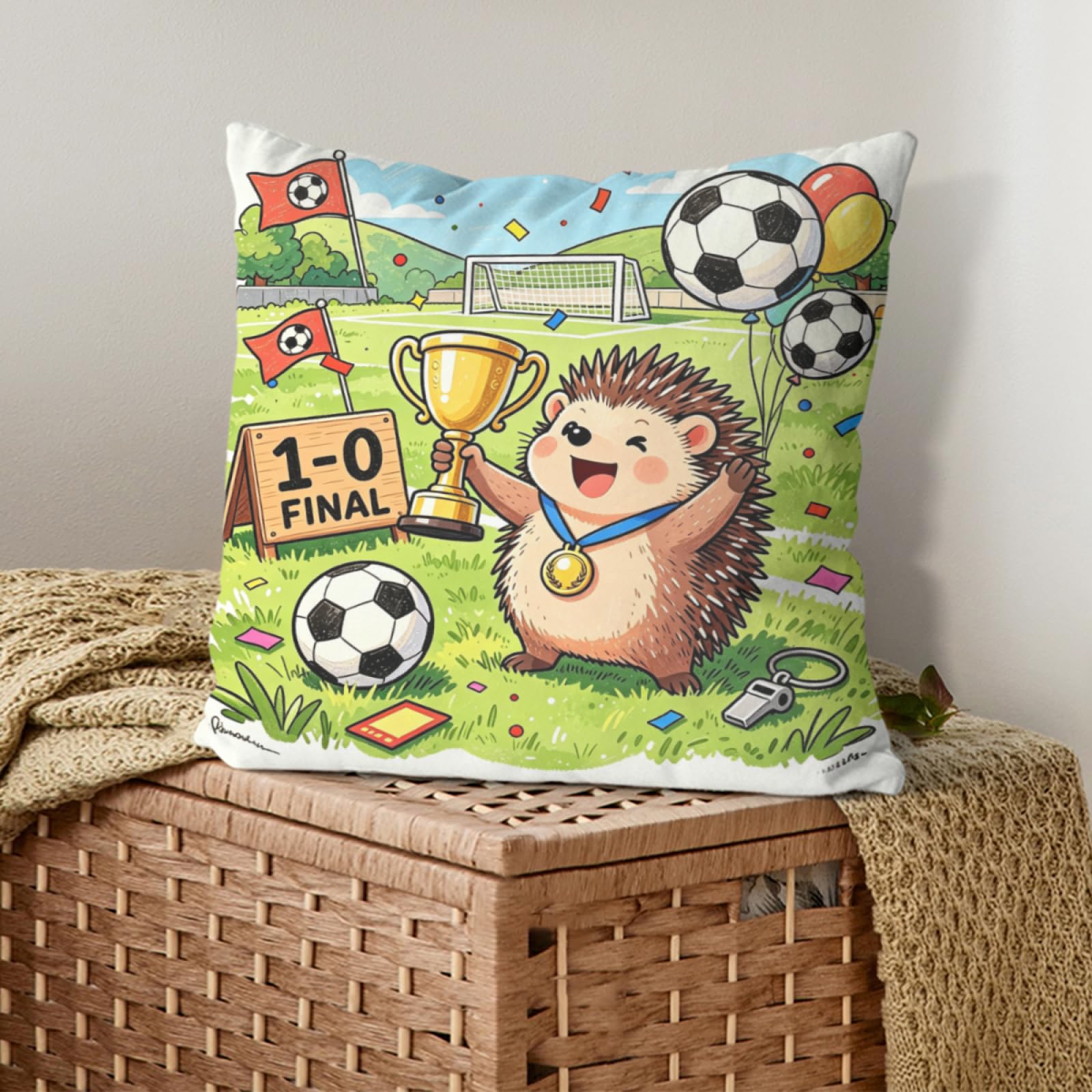 Soccer-03 Hedgehog Soccer Champion Throw Pillow Cover, Trophy Football Cushion Case