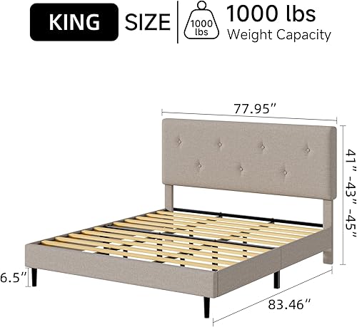 Miniatura 2 de Base de cama de lino tamaño King, marco de cama tapizado con cabecera ajustable, soporte de listones de madera, fácil montaje, no necesita somier,