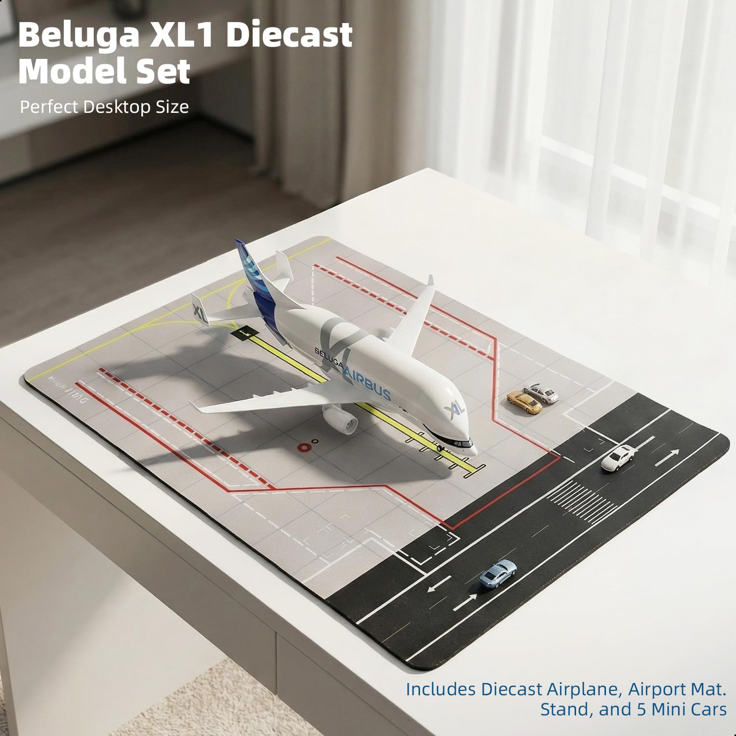 1/300 A330 Beluga XL - Maqueta de avión con alfombrilla de goma y 5 coches Diecast de metal para adultos, coleccionistas y decoración (alfombra: 25 x 35 cm)