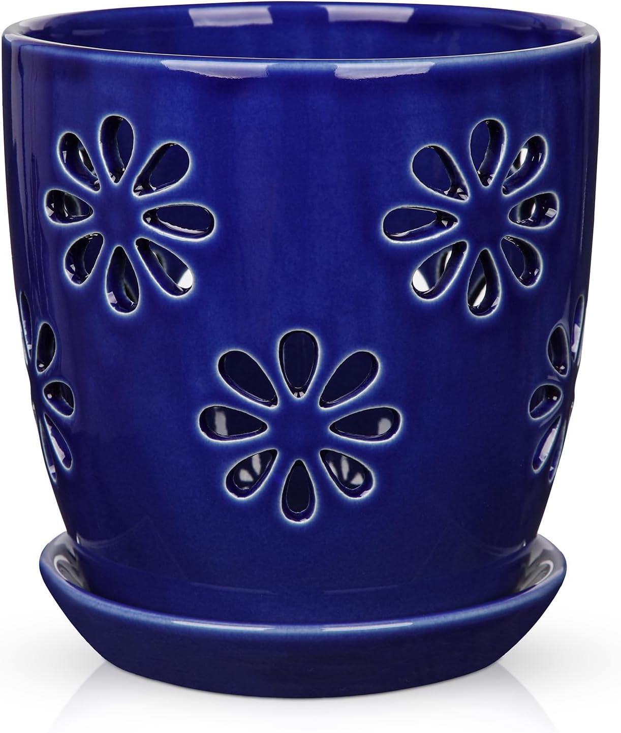 Oairse 6 inch Orchid Pots with Holes, Royal Blue Ceramic Orchid Pot for Repotting Small Indoor Plant Pots with Drainage Holes and Saucers Decorative Flower Planter for Orchids, Indoor Plant