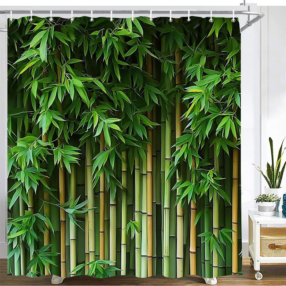 Rideau de douche en bambou et plantes vertes 230x200 cm en polyester hydrophobe pour grande baignoire