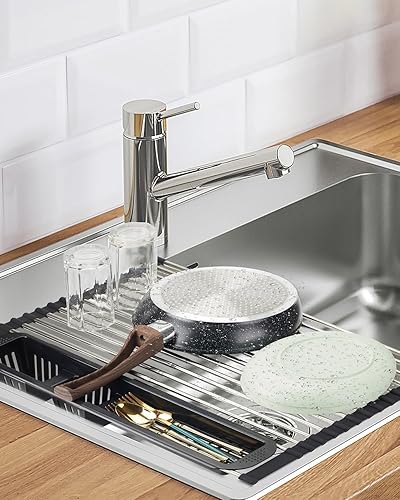 Miniatura 6 de CLNGAI Escurridor de platos enrollable, escurridor de platos extensible sobre el fregadero, estante de cocina de acero inoxidable con soporte para