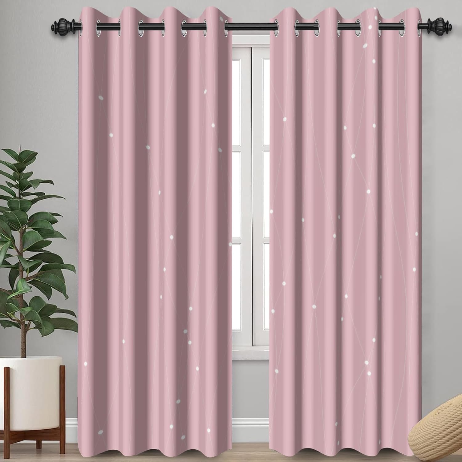 Pink Polka Dot Curtains for Girls Bedroom, Simple Rounds Illustration Light Blocking Curtains for Living Room, White Line Patterns Baby Pink Bedroom Blackout Curtains,2 Panels,Each W21 xL54
