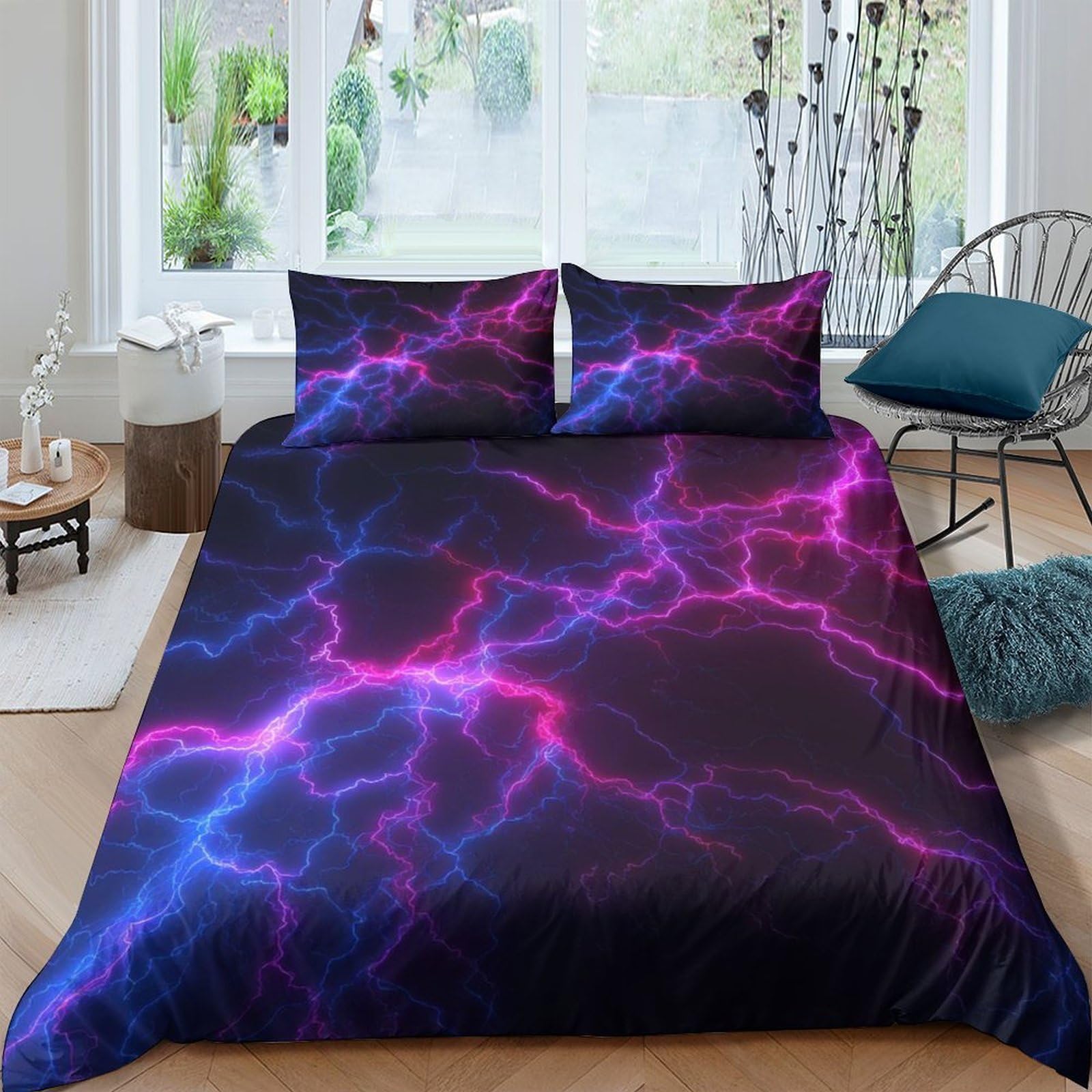 GPLZQXKJNH 3D Printed Electric Lightning Duvet Cover Set Microfiber Soft Breathable Thunder Storm Bedding Set with 2 Pillowcases for Bedroom Decor Single（135x200cm）