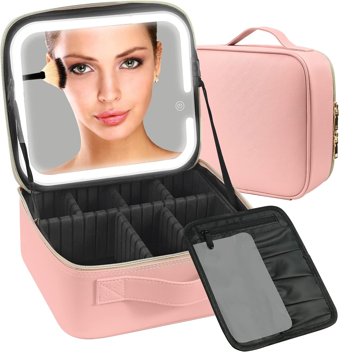 Makeup Case with Lighted Mirror 3 Color Setting,Travel Makeup Bag with Led Mirror with Adjustable Divider,Light Up Makeup Bag Cosmetic Organizer for Makeup Brush,Makeup Accessories,Tools Case,Women