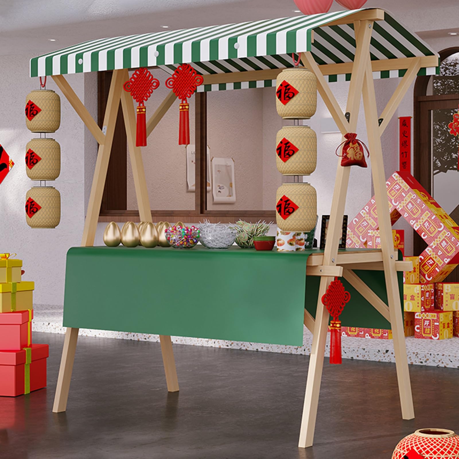carrito de comida callejero Vendedor ambulante de dulces, pasteles y café, Carro comercial de madera para helados, Puesto de venta fácil de instalar para centros comerciales(Color 5,59in(150cm))