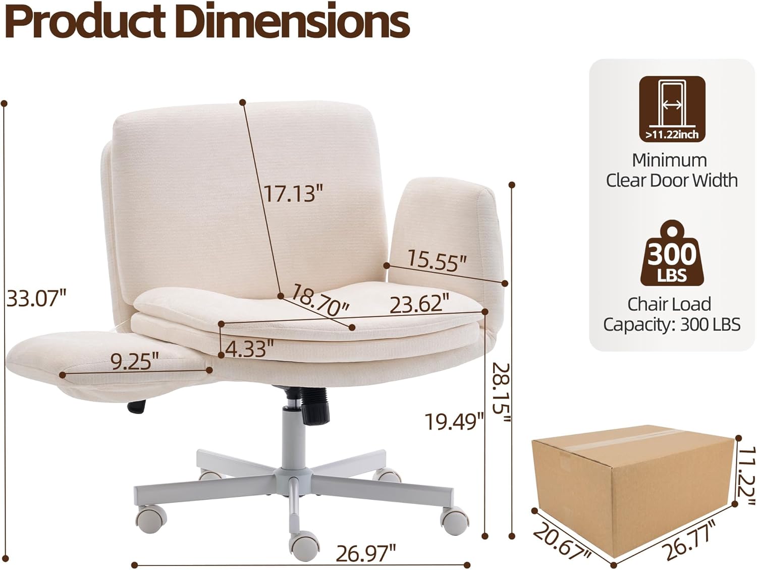 Criss Cross Chair with 5-Gear Adjustable Armrests & Wheels, Ergonomic Airbag Back Support Swivel Desk Chair for Home Office, Vanity, Bedroom and Living Room,Beige