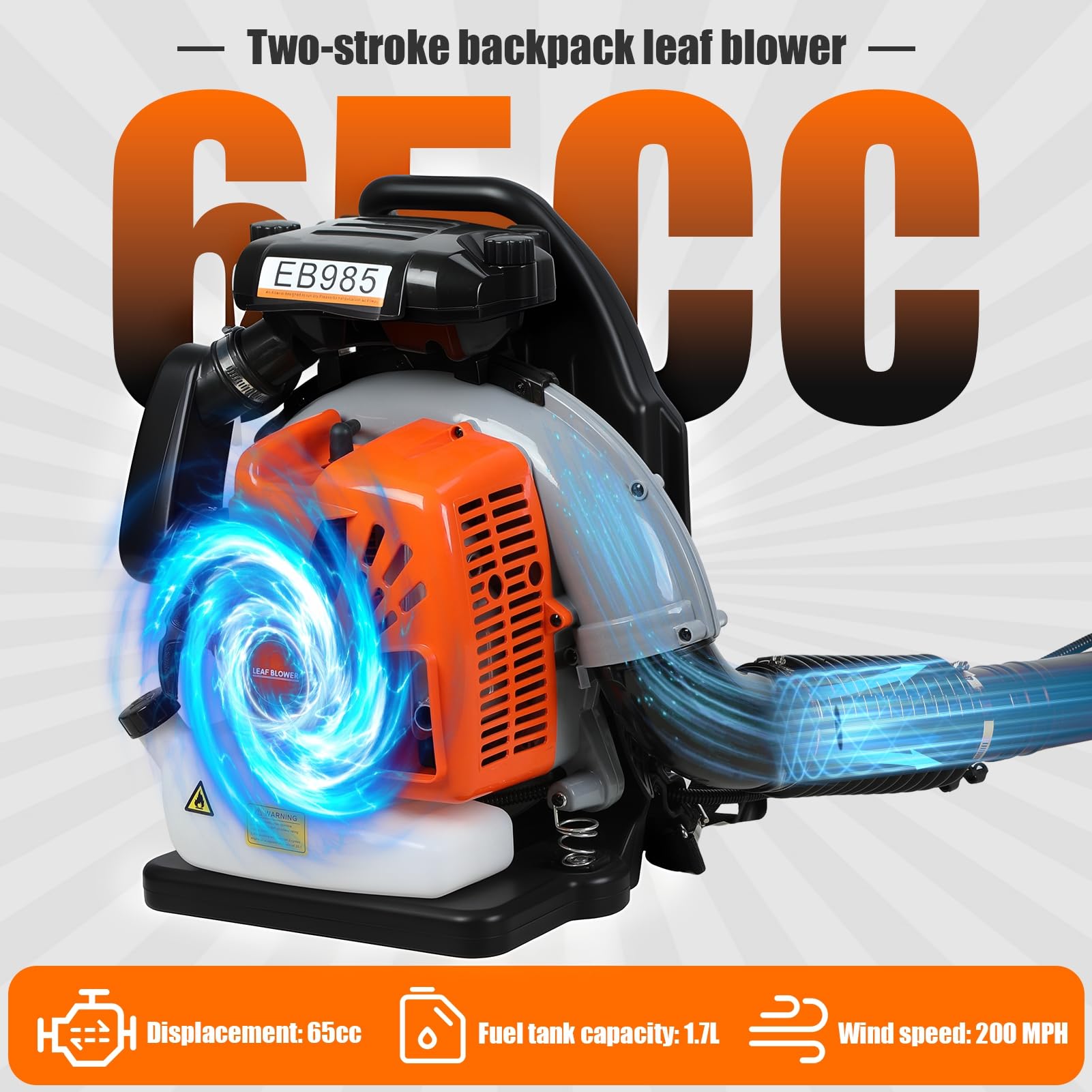 Souffleur de Feuilles Thermique Dorsal à Moteur 2 Temps de 65CC, Souffleur à Essence Haute Vitesse avec Réservoir de 1,7 L de Vent Puissant de 320 km/h pour Jardin et Cour Orange 65cc