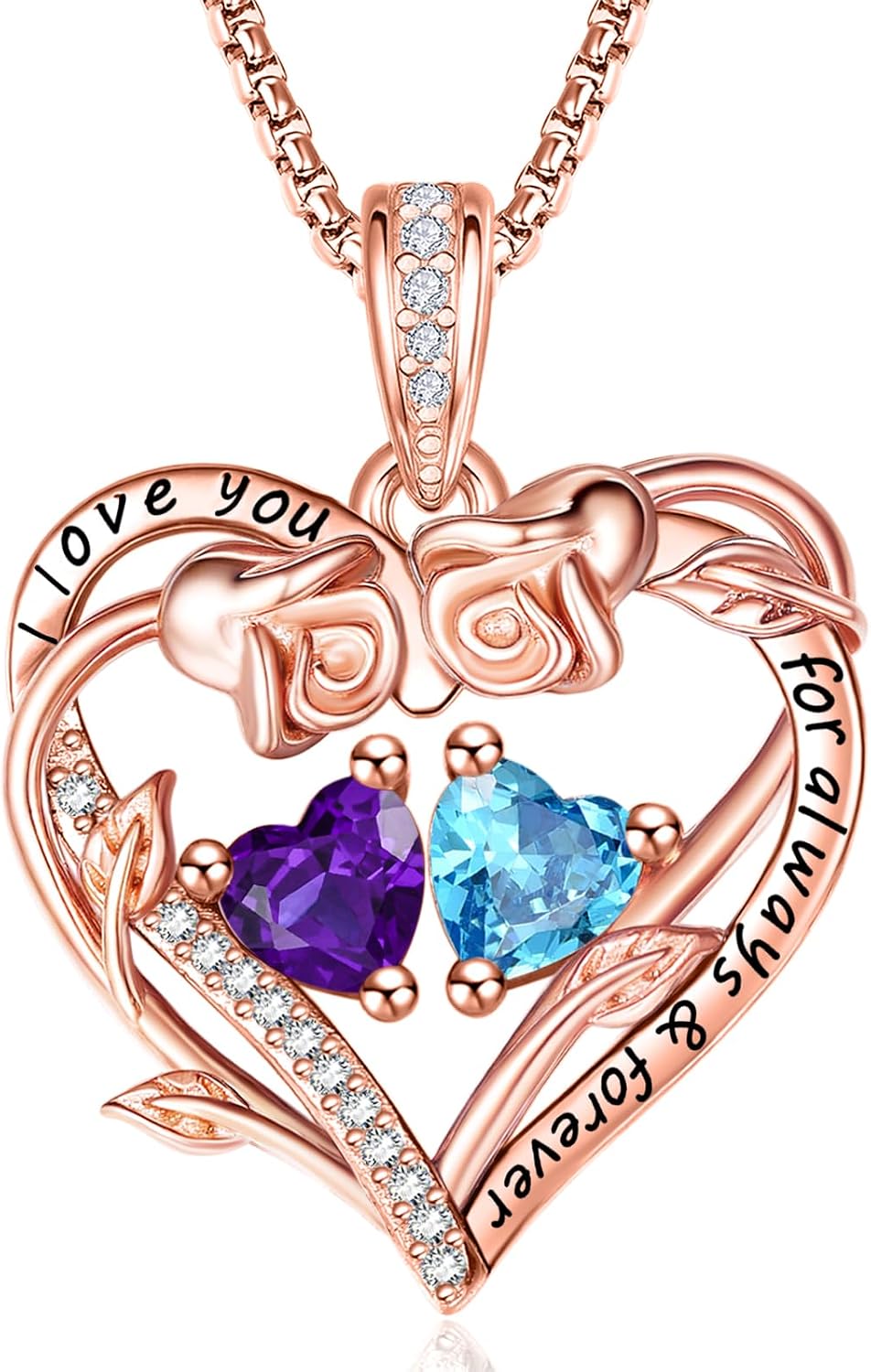 Rose Gold Heart Birthstone Necklace Gifts For Women,I Love You Forever With Double Birthstone,Wedding Anniversary Birthday Gifts for Her Wife Mom Daughter Grandma Sister