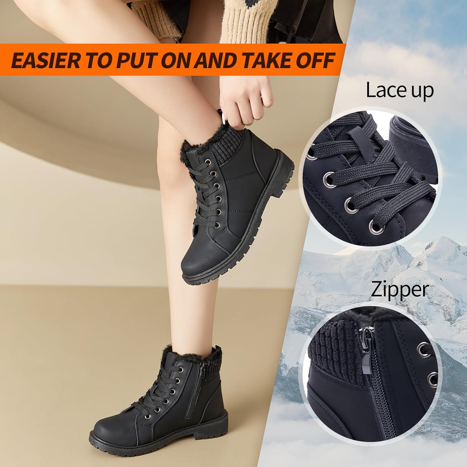 Uoidru Combat Boots For Women Ankle Booties Black Winter Snow Boots White Lace Up Boots Comfort Fuzzy Boot Side Zipper Short Boots - Image 2