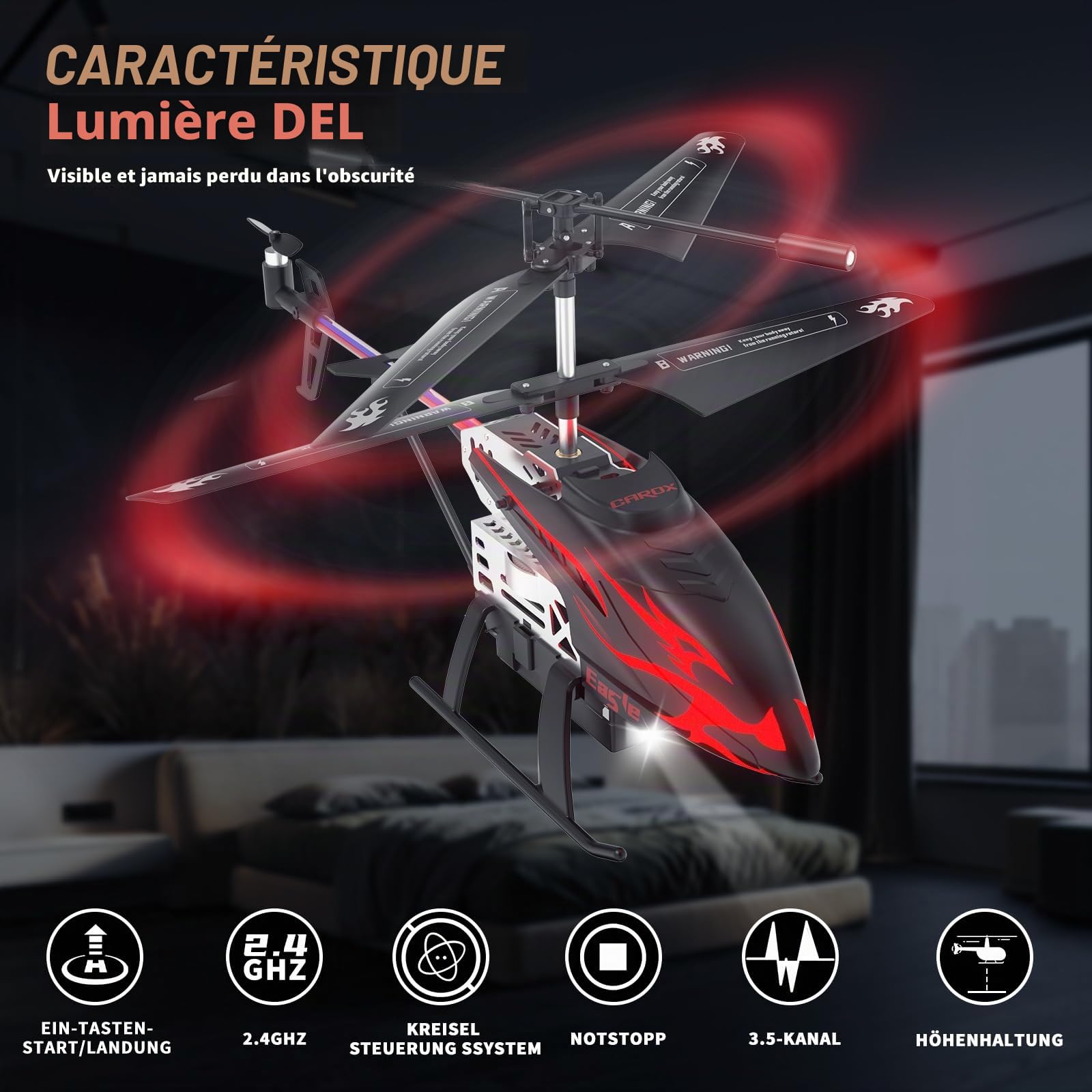 Carox Hélicoptère Télécommandé Enfant 6 Ans 30 Min de Vol 2 Batteries Maintien d'Altitude 1 Touche Lumières LED Jouet Intérieur Cadeau d'Anniversaire