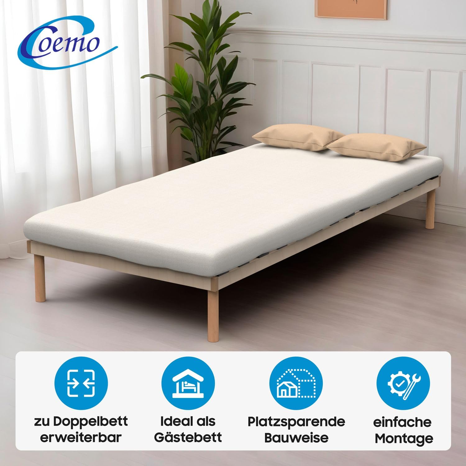 Coemo Pyxis Bettgestell 90x200 mit integriertem Lattenrost - Elegantes Design, Massivholz Buche, Platzsparend, Hohe Belastbarkeit, Einfache Montage