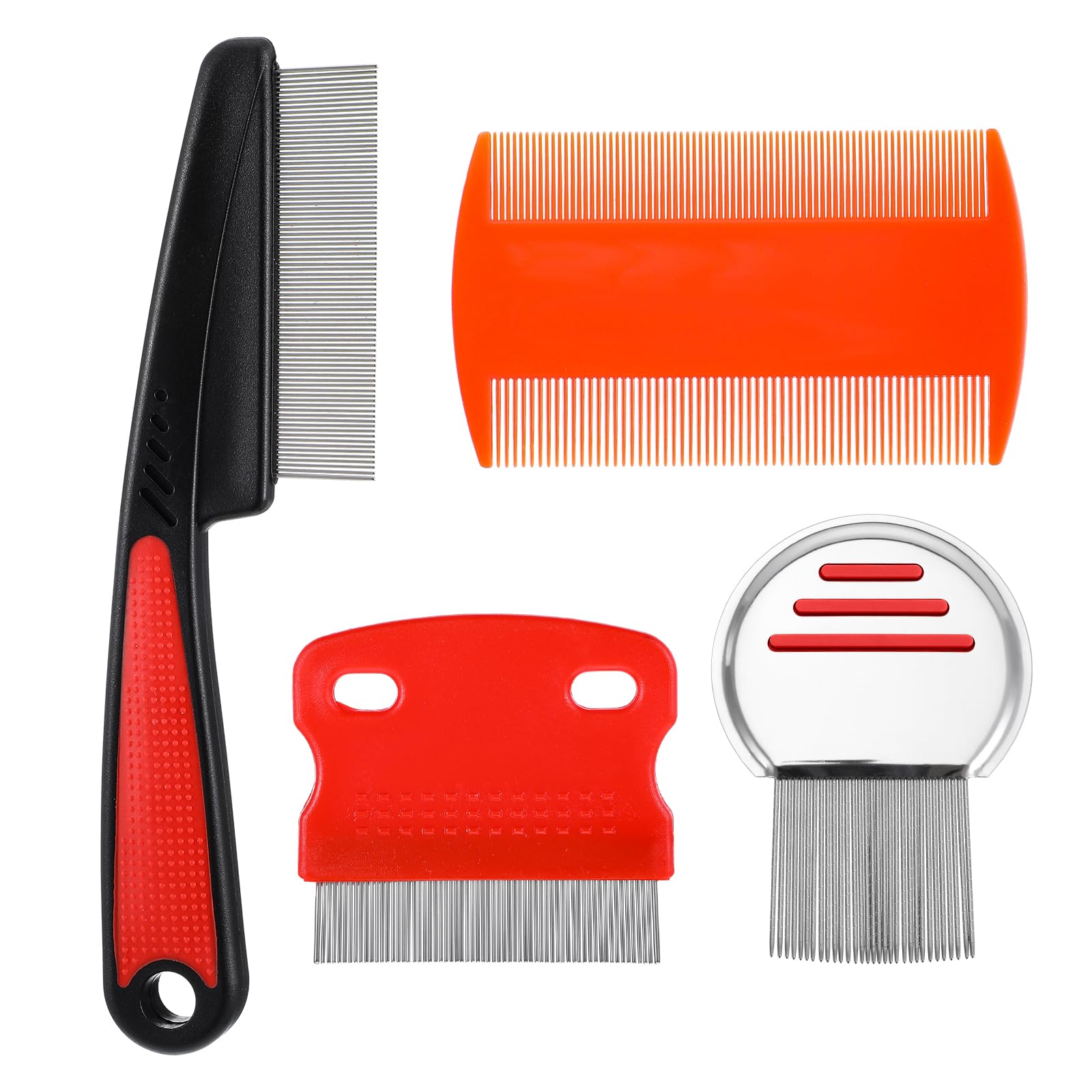 4 Pcs Dandruff Fine Tooth Comb Set, Stainless Steel Scalp Comb for Dandruff Removal Multifunctional Hairbrush with Rounded Teeth Double Side Hair Combs for Women Men Pet(red)
