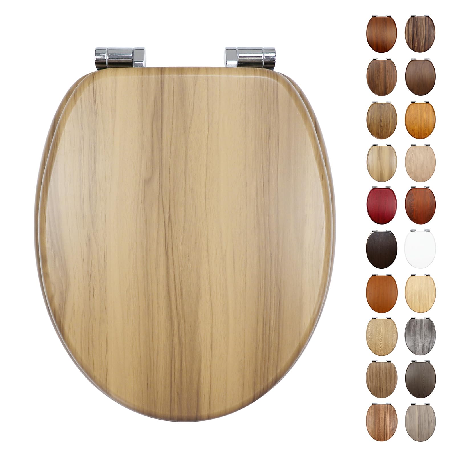 Fanmitrk Toilet Seat Wooden Soft Close with Adjustable Solid Zinc Alloy Hinges, MDF Wood Oval Toilet Seat with Bottom Fixings, Easy to Clean and Install (BL104-1) โ image 1