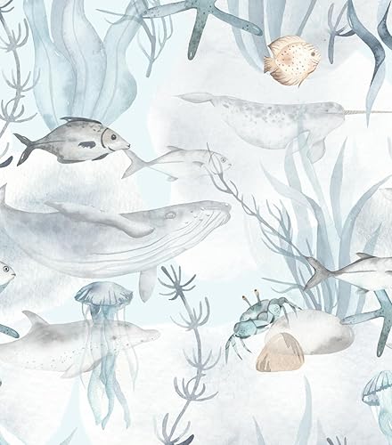 Papel tapiz para despegar y pegar, papel tapiz azul aguamarina, arrecife de coral, peces marinos, papel tapiz costero, papel tapiz extraíble para