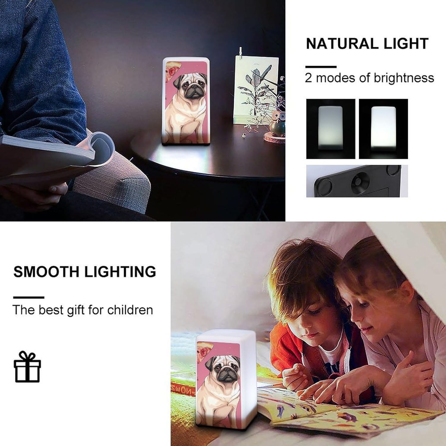 Desk Lamp Table Lamp with 2 Lighting Modes Battery Operated Pug Pizza Pink Reading Lamp for Bedroom Nightstand