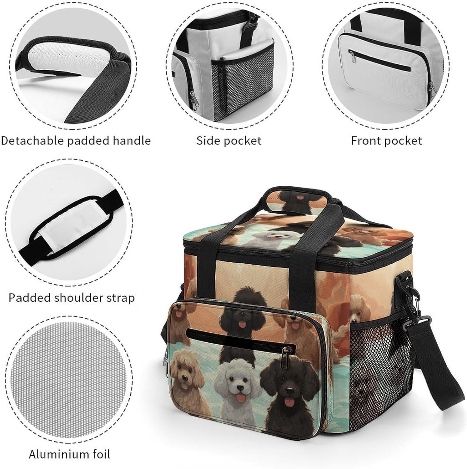 Poodles Dogs Cooler Bag Portable Insulated Lunch Bags Leakproof Ice Chest Large Capacity Soft Cooler Tote for Picnic Camping Work Travel Keep Food Drinks Fresh 22.5L