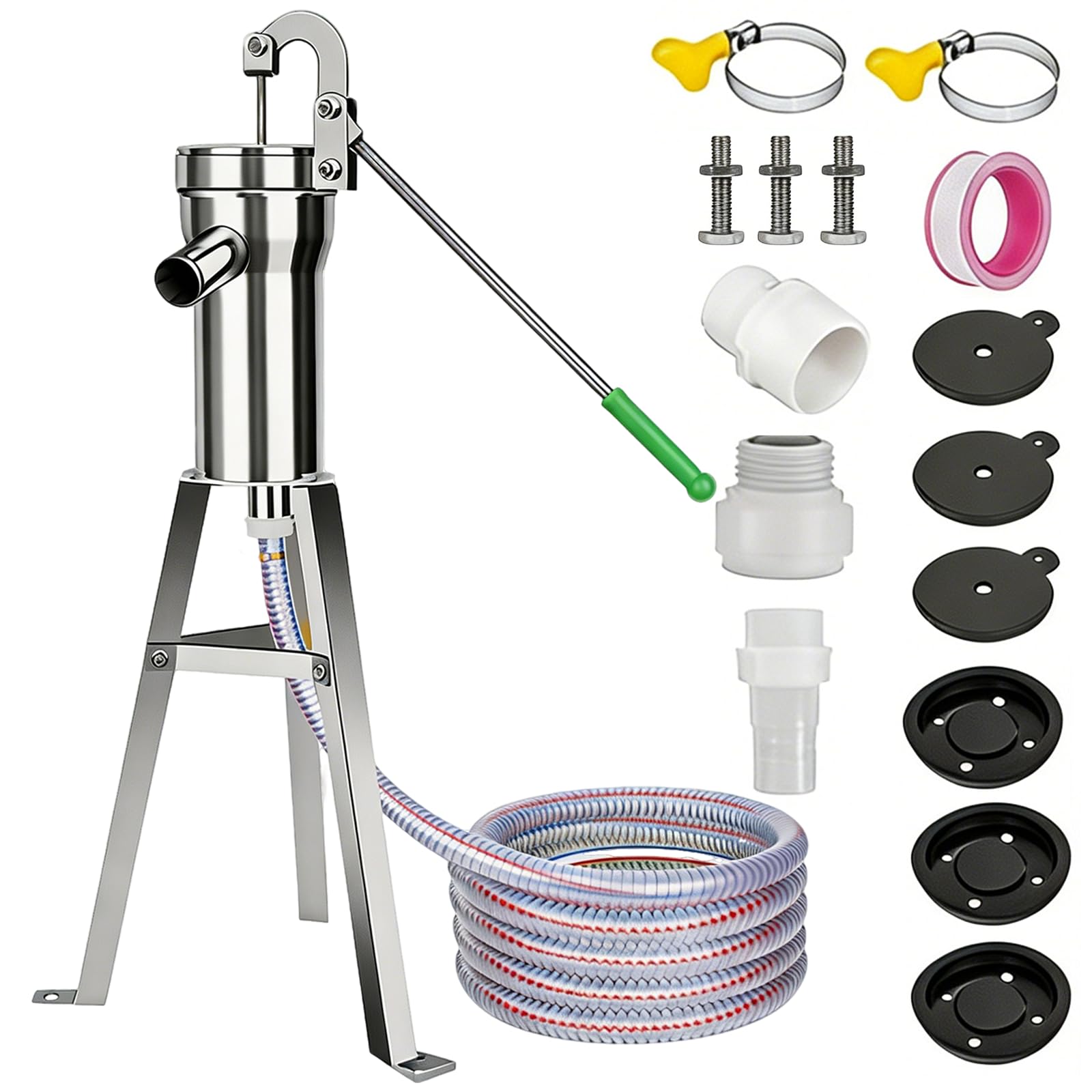 BRGD Bomba de Pozo Manual, Bomba de Agua SubterráNea DoméStica de Acero Inoxidable con Manguera de 5m, Soporte de Montaje y Kit de Accesorios para Casas, Jardines Domésticos