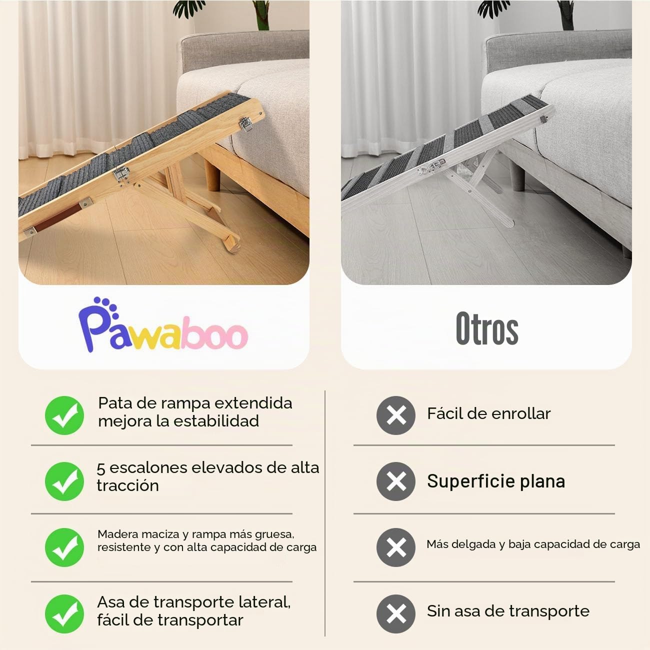 Pawaboo Rampa plegable para perros pequeños, rampa portátil de madera para mascotas, 4 alturas ajustables de 20 cm a 45 cm, rampa de coche para perros pequeños y gatos con alfombra antideslizante, uso