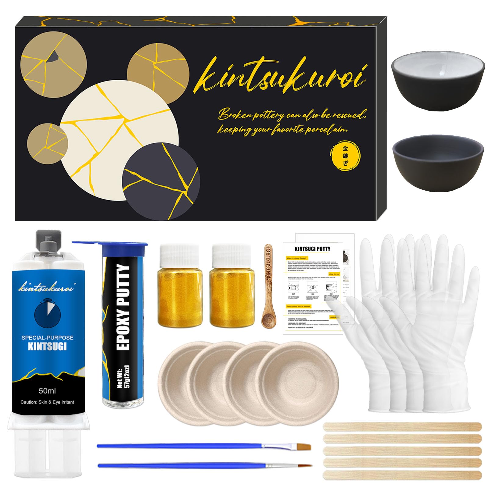 Kit di riparazione Kintsugi oro, kintsugi repair kit, ripara Ceramiche rotte con polvere d'oro e stucco epossidic, per principianti che restaurano regali significativi, Con 2 tazze di pratica