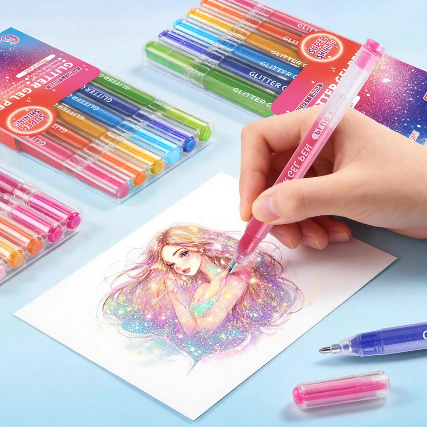 Glitter Gel Pens, 72 Colors Double Shining Colors Glitter Metallic Gel Ink Pen with 1.0 mm Large Capacity Smooth Writing Color Pens for Adult Coloring Note, Drawing, Art Supplies