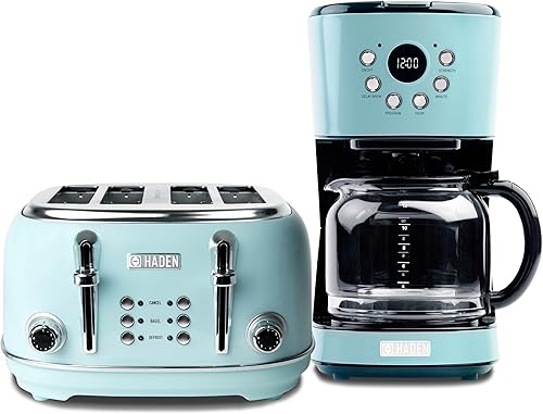 Haden Cafetera de goteo programable de 12 tazas con tostadora Heritage de acero inoxidable de 4 rebanadas de ranura ancha, turquesa y cromo