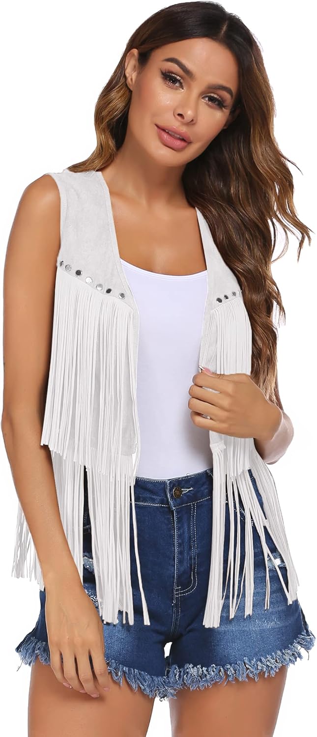 HOTLOOX Womens Fringe Vest 70s Hippie Clothes Sleeveless Faux Suede Tassel Cowgirl Western Outfits S-XXL - Image 4