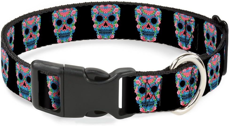 Buckle-Down Plastic Clip Collar - Wonder Woman Floral Skull Black/Multi Pastel - 1.5" Wide - Fits 13-18" Neck - Small