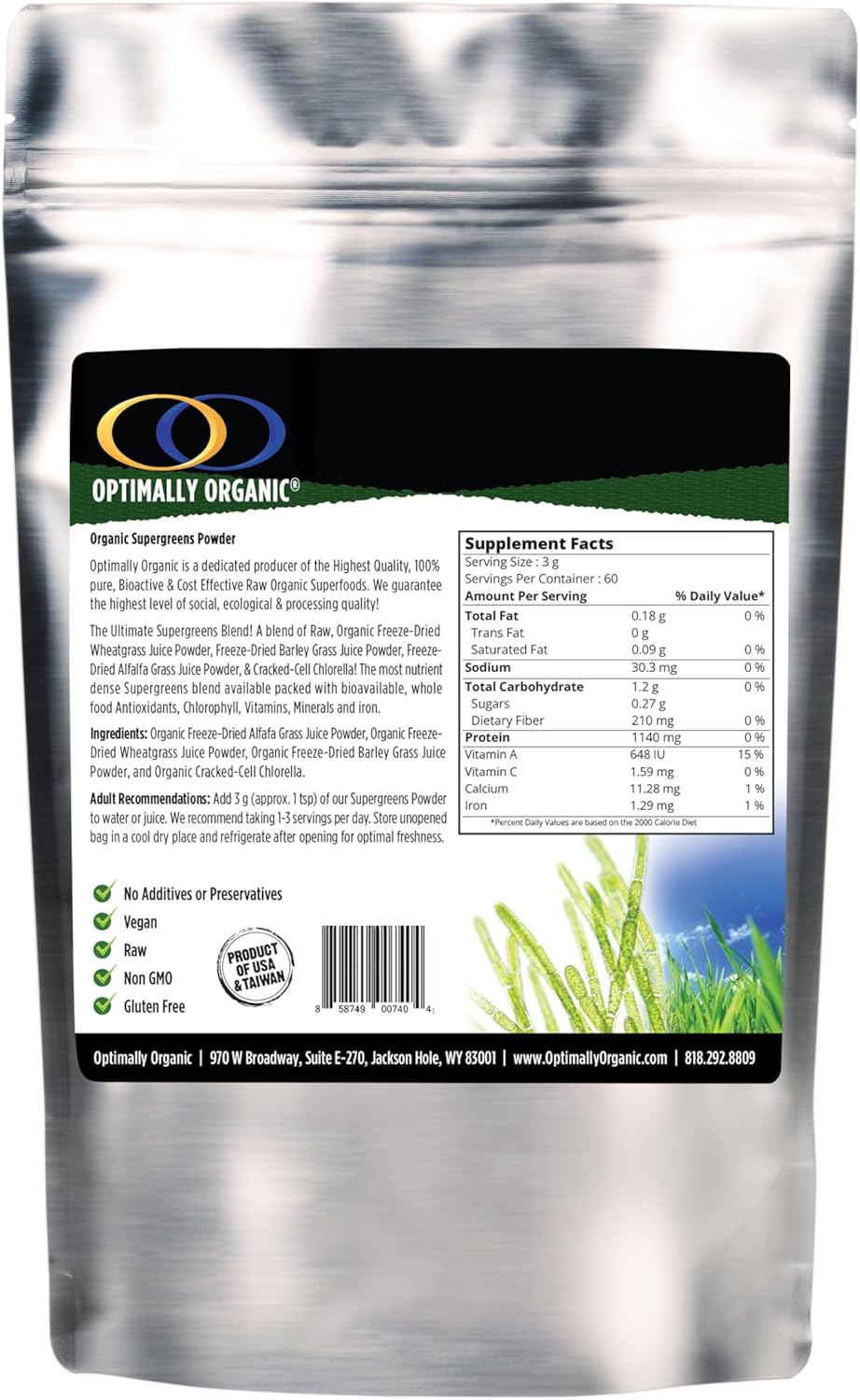 Optimally Organic SuperGreens - Freeze Dried Concentrated Juice Powder - Organic Ingredients - Cracked Cell Wall Chlorella - Barley Grass Juice - Wheatgrass Juice - Alfalfa Grass Juice