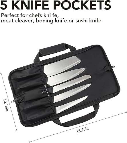 Miniatura 7 de Rollo de cuchillos, bolsa de 5 bolsillos para cuchillos de chef, bolsa para cuchillos, estuche de nailon portátil para chef, bolsa de viaje, azul