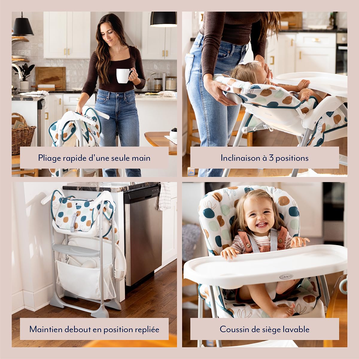 Graco SnackEase, chaise haute à pliage rapide, de 6 mois à environ 3 ans (max. 15 kg), léger, lavable, pliage rapide d'une seule main, multicolore, Organza