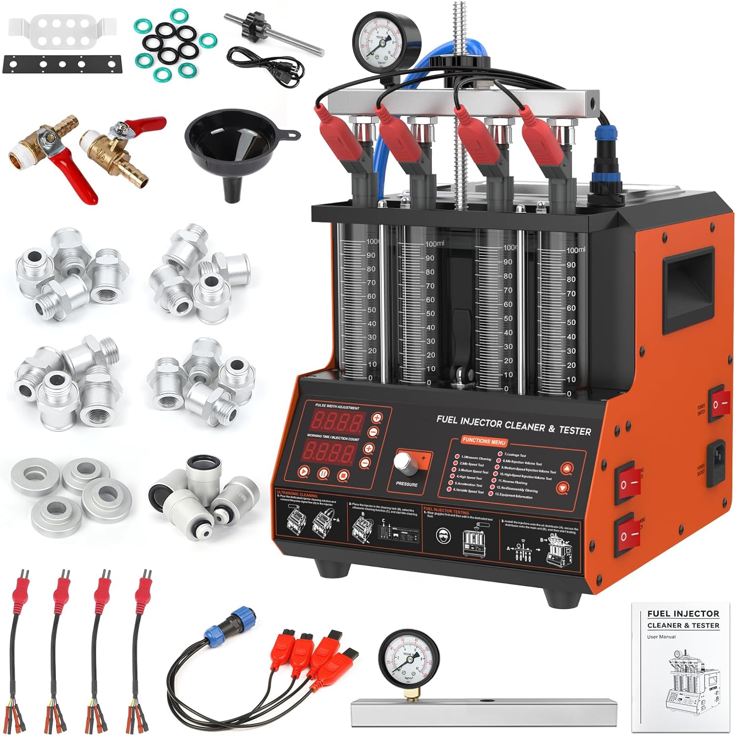 Fuel Injector Cleaner Machine, Ultrasonic 45℃ Heating Function, 12 Test Modes, Tester Equipped with 4 Cylinders, Equipped with 5 Adapters, Used for Diesel and Gasoline Cars, Motorcycles