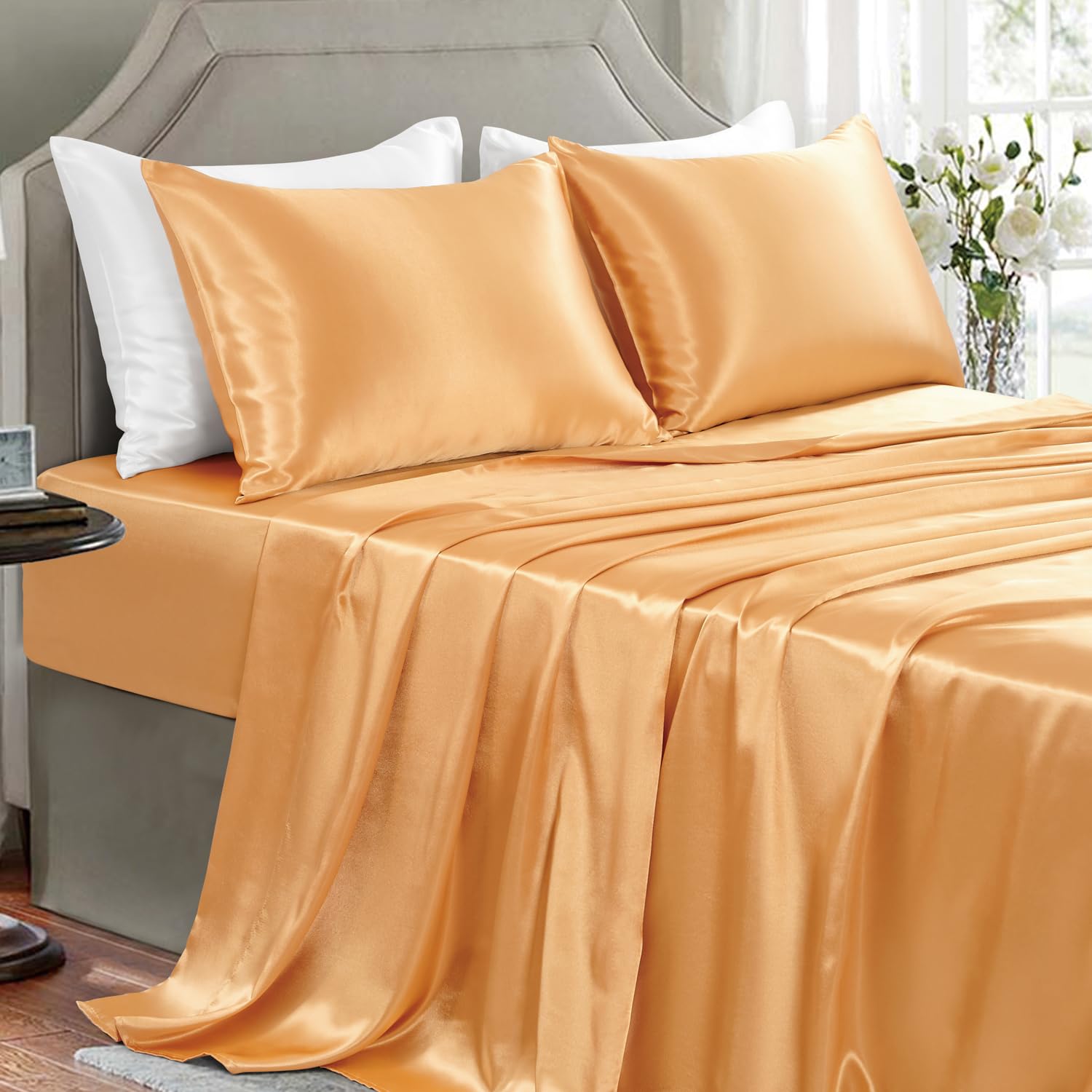 GOLAL Satin Sheets Queen Size - 4 Pieces Luxury Silky Soft Bed Sheets, Wrinkle-Free Gold Satin Silk Sheet Set with 1 Deep Pocket Fitted Sheet, 1 Flat Sheet, 2 Pillow Cases — image 1