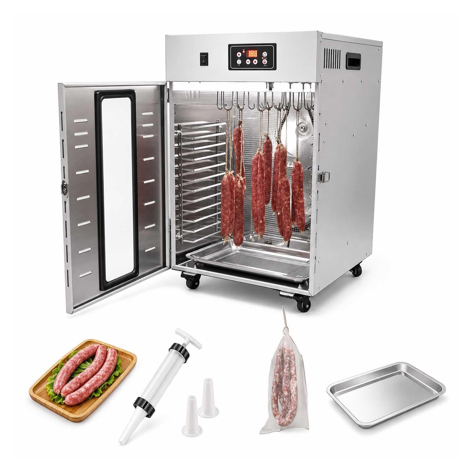 Dry Ager Reifeschrank Für Fleisch Und Wurst, Edelstahl Trockenschrank Für Fleisch Mit Led-Anzeige, 14/30 Haken, 30-90°C Temperaturregelung, 24h Timer, Biltong Box Für Wurst, Speck Und Jerky 7.5KG