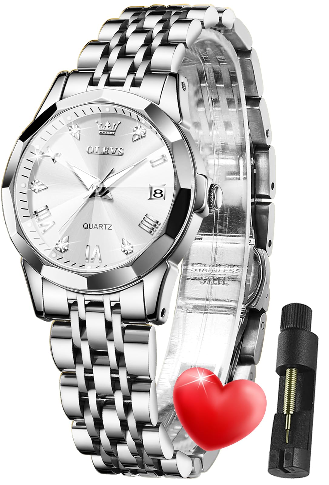 OLEVS Damen Uhr Quarzuhr mit Diamant Edelstahlarmband Wasserdicht Datumsanzeige Elegante Damenuhr für Frauen Geschenke zum Muttertag