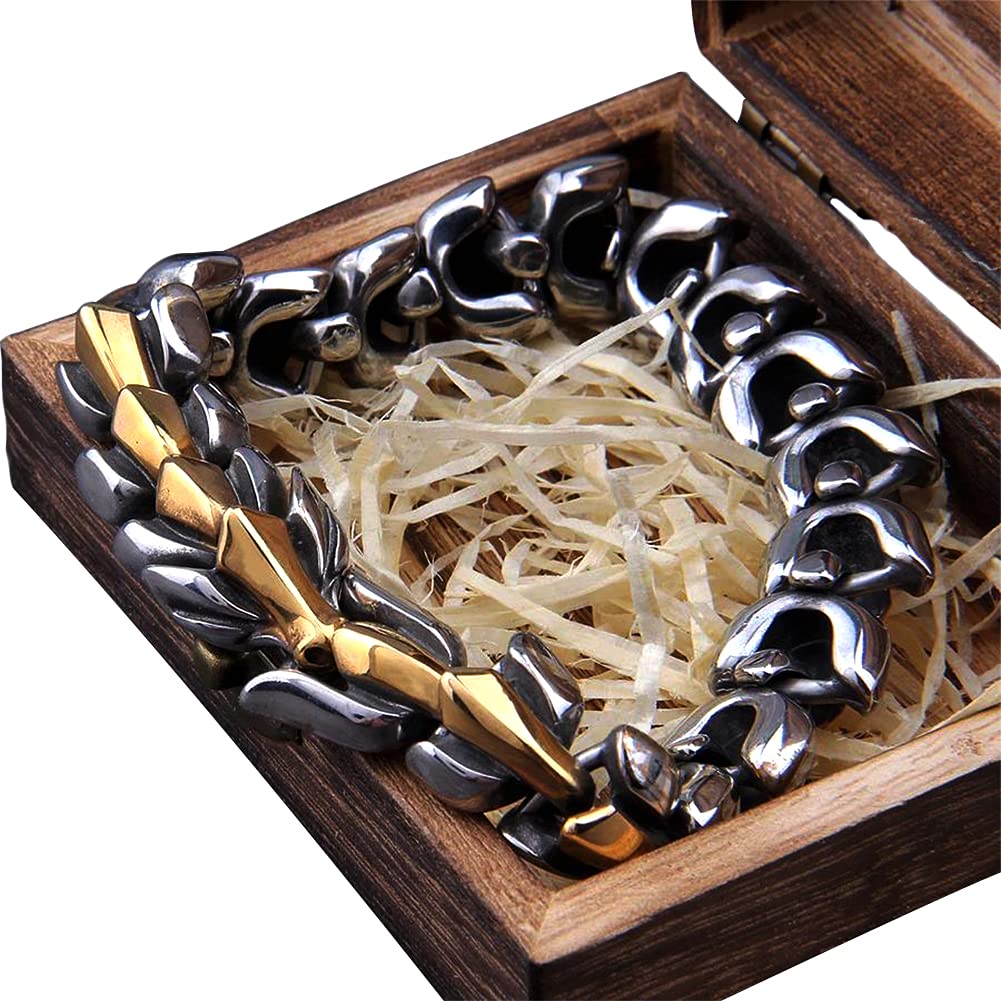 FandaoNordic Men's Viking Bracelet, Stainless Steel Skeleton Dragon Heavy Bracelet, Ouroboros, Biker, Cyclist, Anti-Static Bracelet