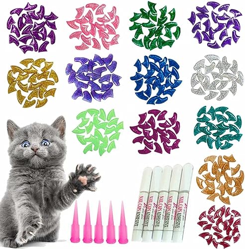 YMCCOOL 100 tapas de uñas de gato con brillantina para uñas de gato, tapas de uñas para gatitos, puntas de mascotas con adhesivos y aplicadores,