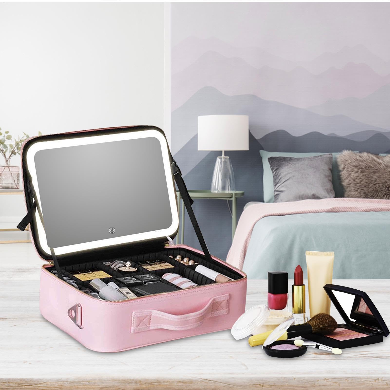 Estuche de Maquillaje - Organizador, Estuche de Maquillaje | Gran capacidad - Estuche de Maquillaje con Compartimentos - Portátil y luminoso, Neceser multiusos para artículos, Pin