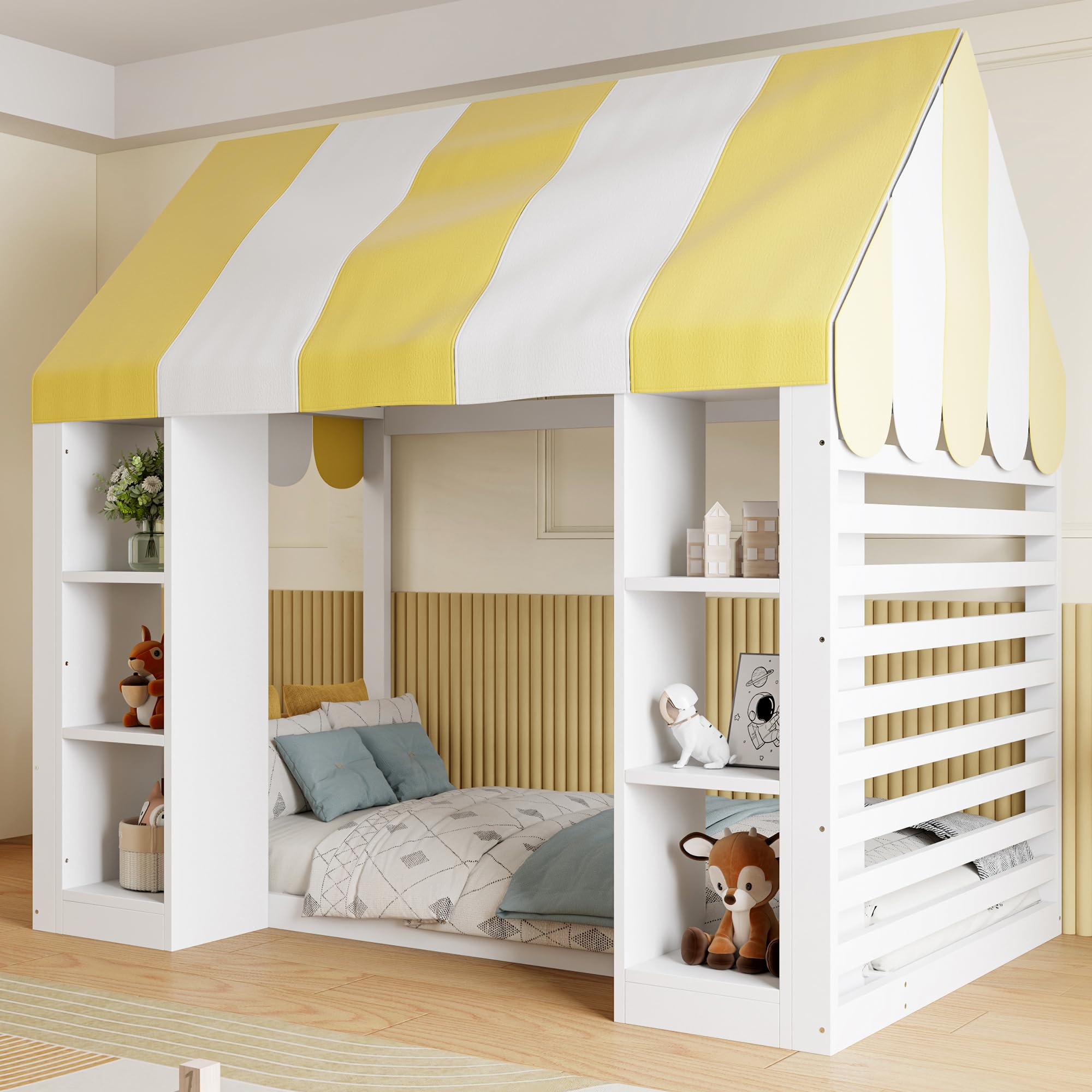 Kinderbett im Landhausstil, 90 x 200 cm, mit Himmelbett, offenem Stauraum vorne und Holzrahmen, weiß