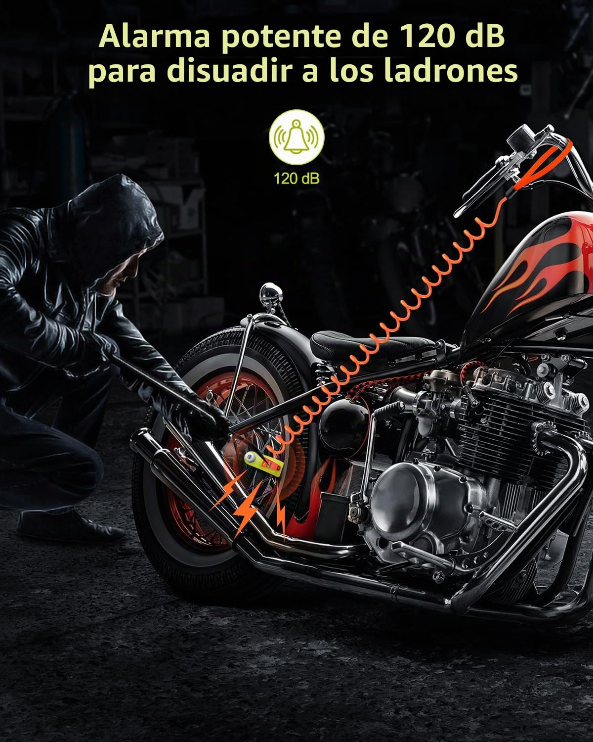 ZEXMTE - Antirrobo de moto con alarma antirrobo recargable de 120 dB con cable de recordatorio de 1,5 m, antirrobo resistente para moto, bicicleta, scooter, bicicleta eléctrica