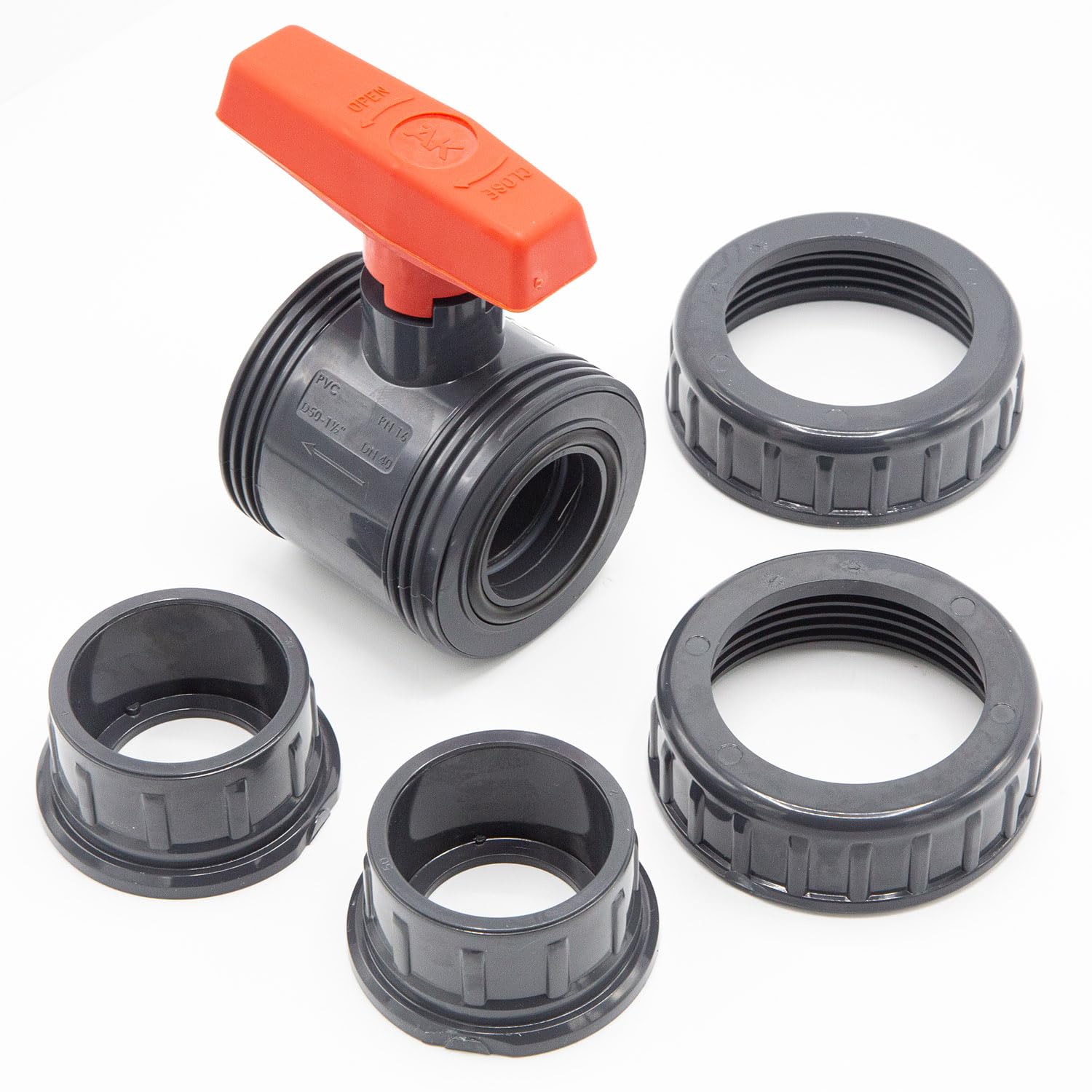 Válvula de bola PVC 50 mm I Doble unión desmontable radialmente I PN16 PVC-U con juntas EPDM I Corte de paso 2 vías para piscina riego drenaje I bm001