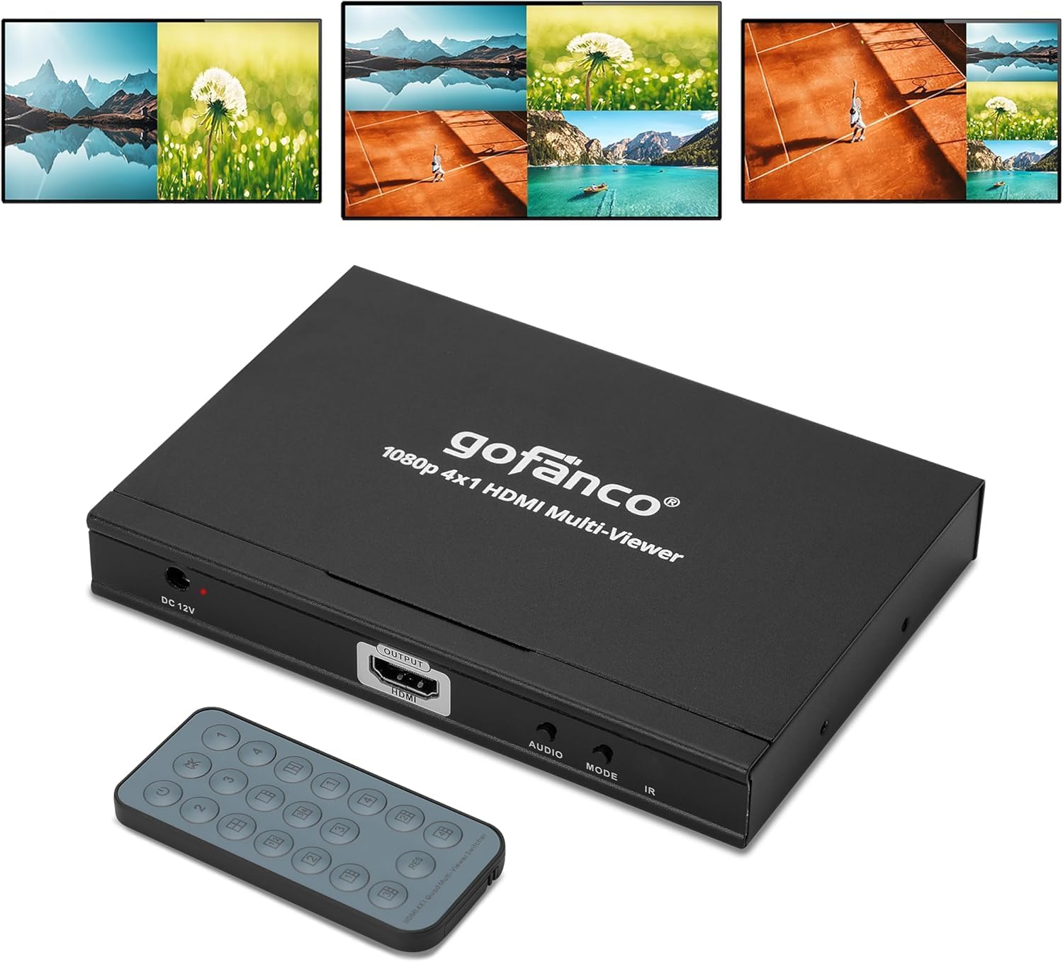 gofanco 1080p 4x1 HDMI Multi Viewer – View 4 HDMI Sources on 1 Screen, 1080p Quad/Dual/Single Modes, Seamless Switching, IR Remote, Ideal for Security, Gaming & Monitoring (QuadView)