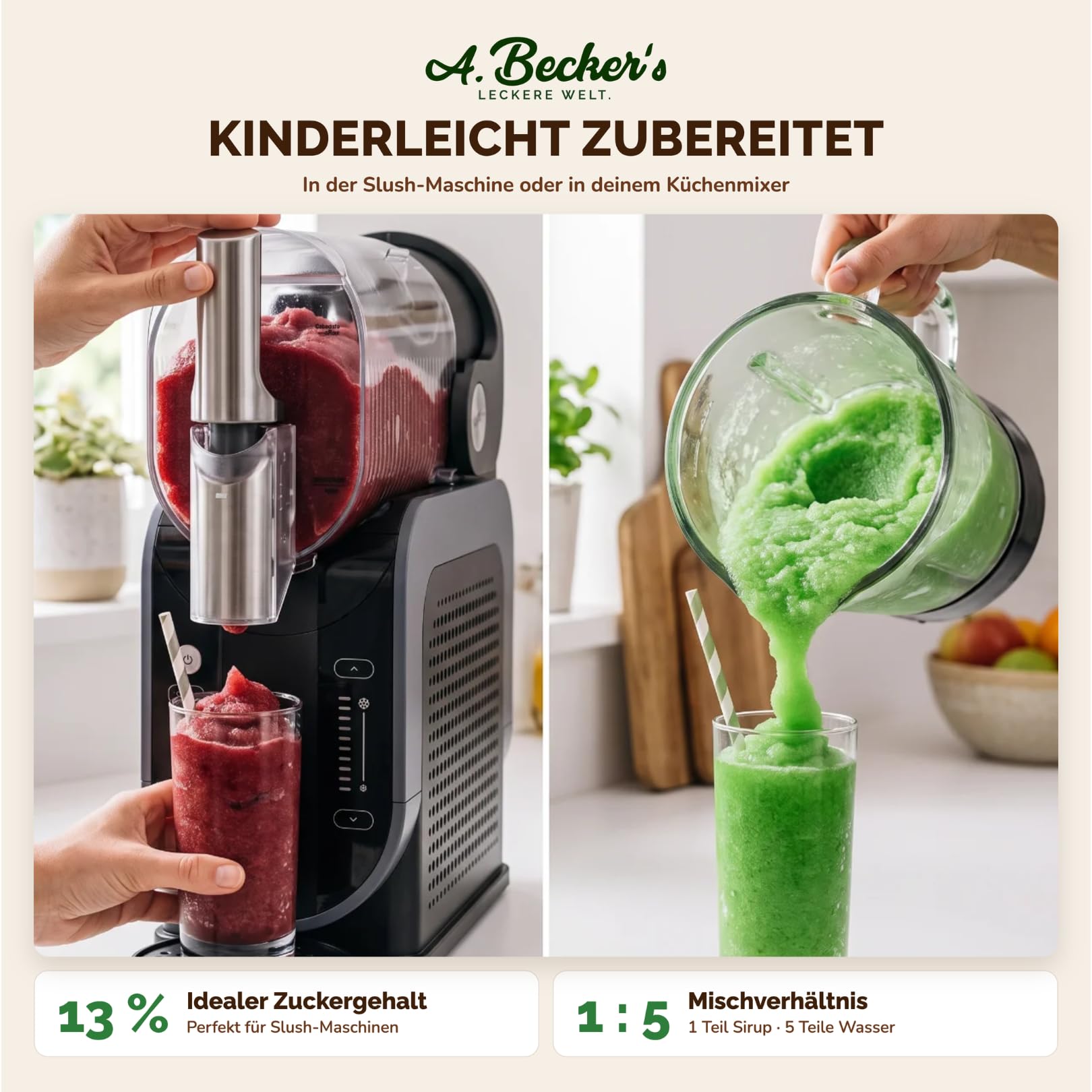 A. Becker´s Slush Eis Sirup | Vegan und ohne Azofarbstoffe | 6x 1L Erdbeere, Orange, Pfirsich, Maracuja, Zitrone, Schw. Johannisbeere | 1L Konzentrat ergibt 6L Eis | für Slush-Maschine und Mixer