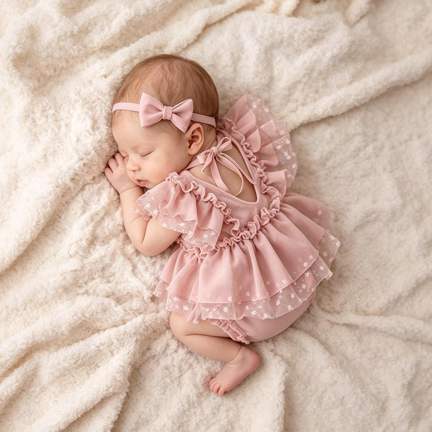 ForBaysy Newborn Photo Outfit for Girls Lace Romper with Ruffle Tulle Skirt Bonnet Hat Newborn Photography Props