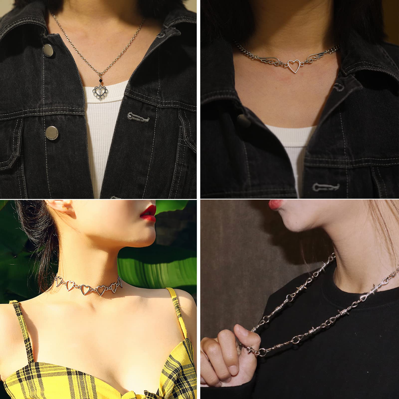 Juego de 14 piezas de collar gótico grunge Y2k Grunge joyería gótica cruz Y2k estrella Emo accesorios Y2K conjunto de joyas para mujeres y hombres, Zinc, Sin piedra preciosa 5